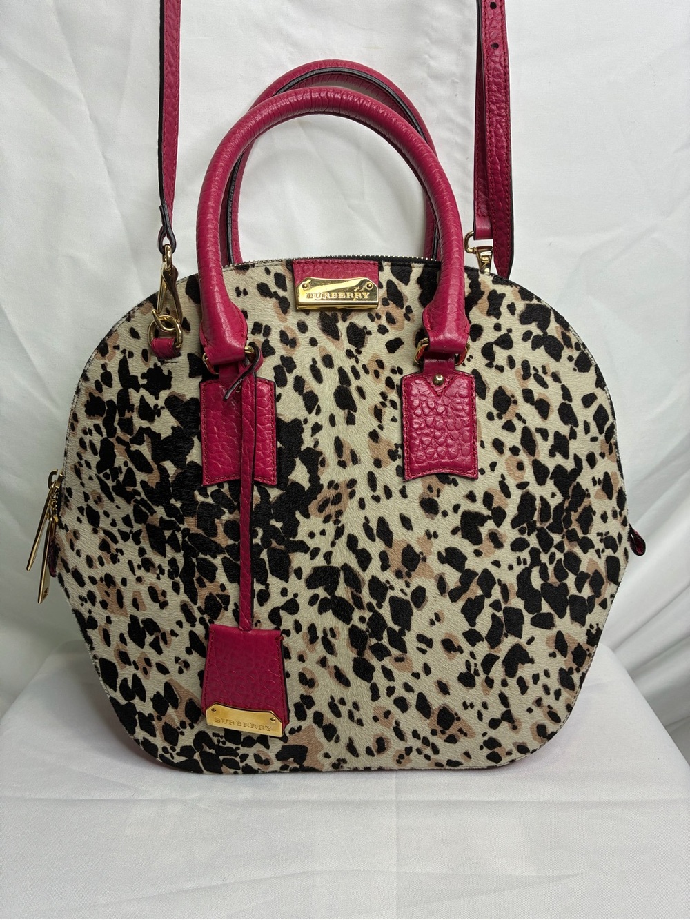 Burberry Leopard Print Calf Hair Pink Leather Satchel Shoulder Bag